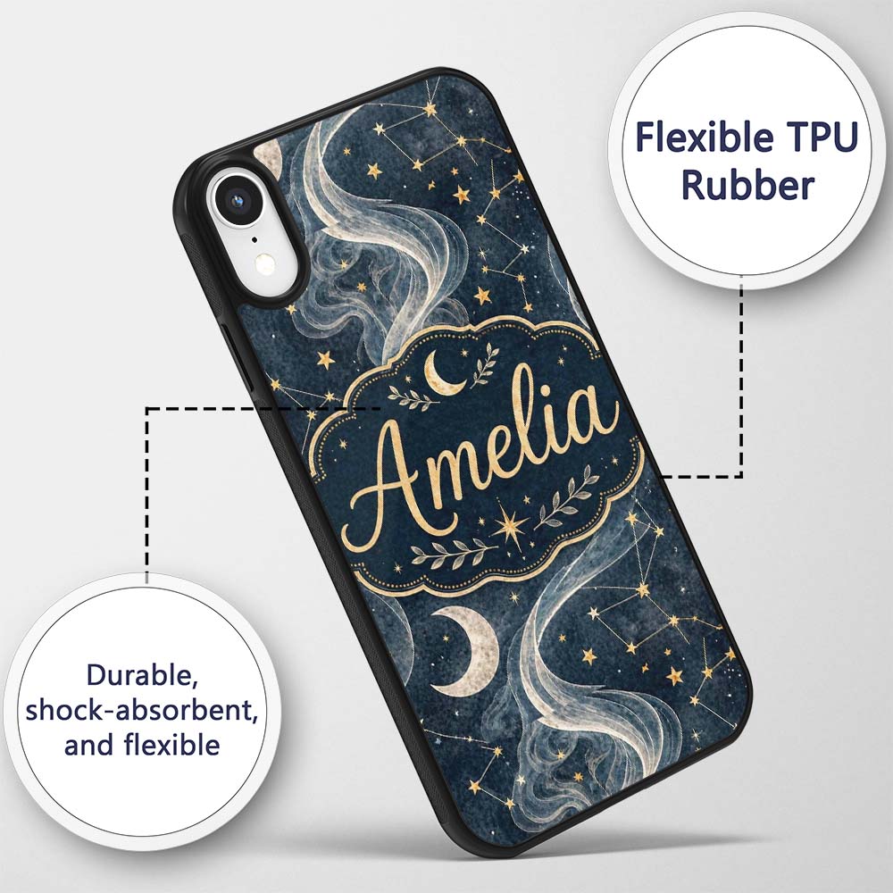 Celestial Botanical Moon Stars Night Sky Leaves Custom Name Protective Phone Case Mobile Cover Durable Everyday Smartphone Shock Resistant