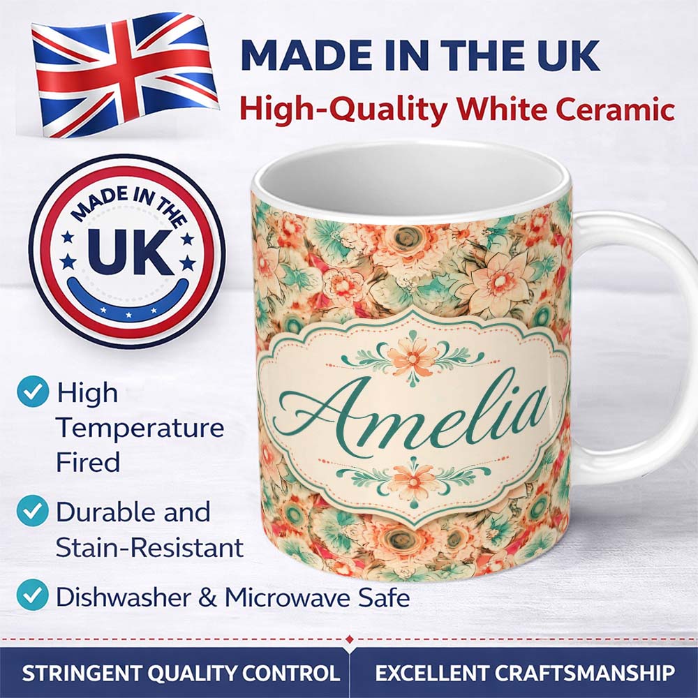 Personalized Custom Name Vintage Style Floral Bloom Garden Seamless Pattern Name Cute Unique 11oz Ceramic Coffee Tea Mug White Large Handle