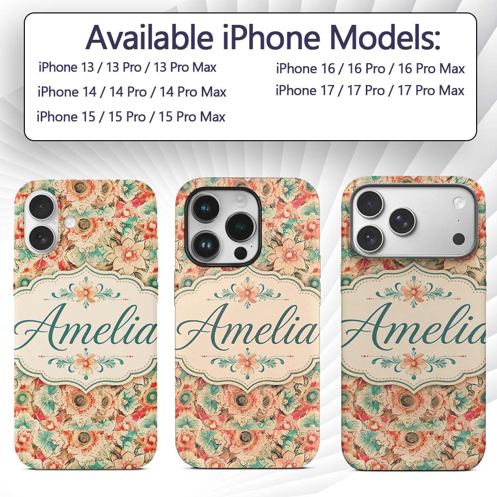 Vintage Style Floral Bloom Garden Printed Design Custom Name Protective Phone Case Mobile Cover Durable Everyday Smartphone Shock Resistant