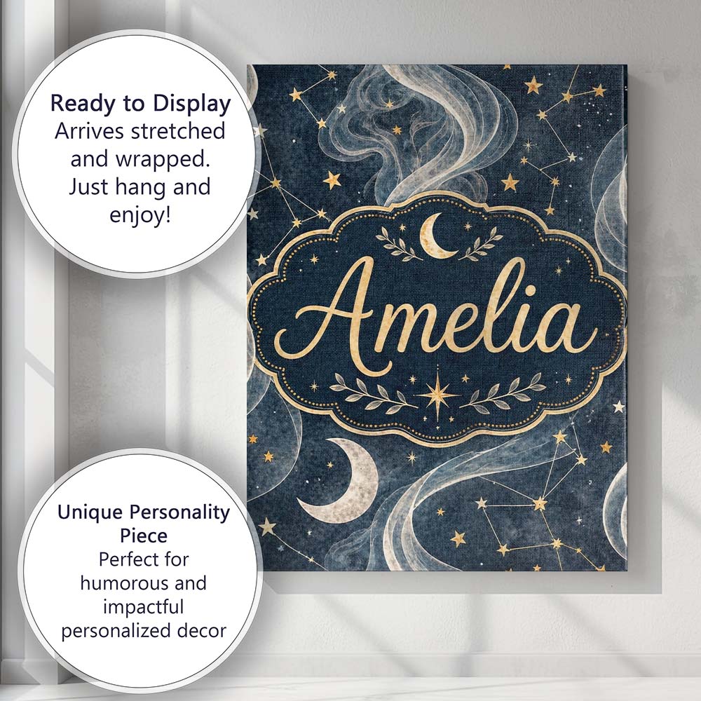 Personalised Name Celestial Botanical Moon Stars Night Sky Leaves Custom Bespoke Canvas Wall Art Print Decor Picture Ready to Hang