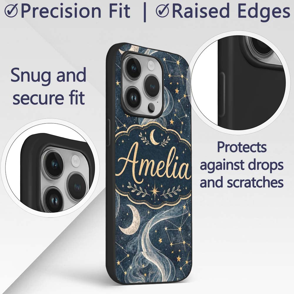 Celestial Botanical Moon Stars Night Sky Leaves Custom Name Protective Phone Case Mobile Cover Durable Everyday Smartphone Shock Resistant