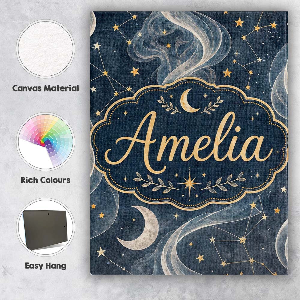 Personalised Name Celestial Botanical Moon Stars Night Sky Leaves Custom Bespoke Canvas Wall Art Print Decor Picture Ready to Hang