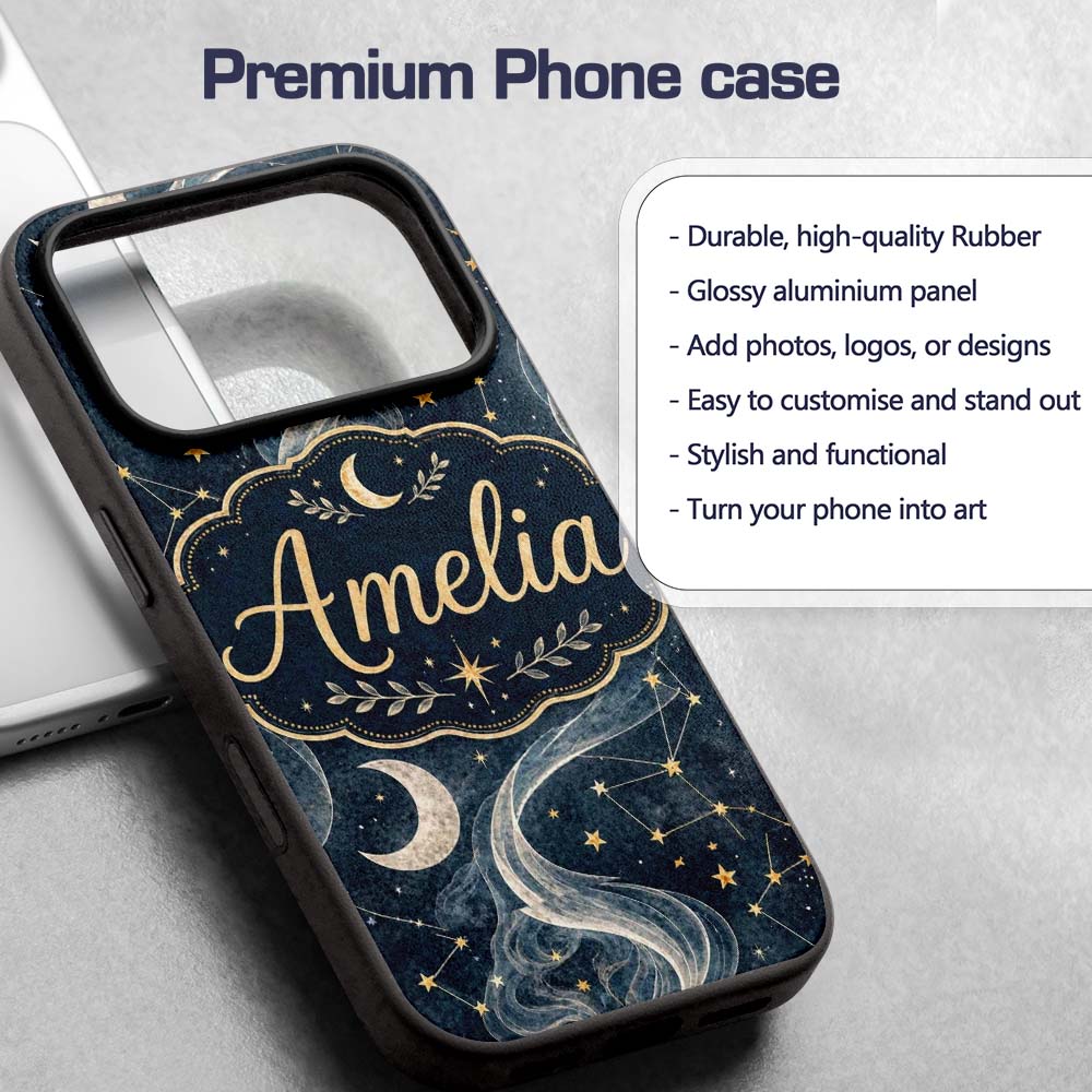 Celestial Botanical Moon Stars Night Sky Leaves Custom Name Protective Phone Case Mobile Cover Durable Everyday Smartphone Shock Resistant