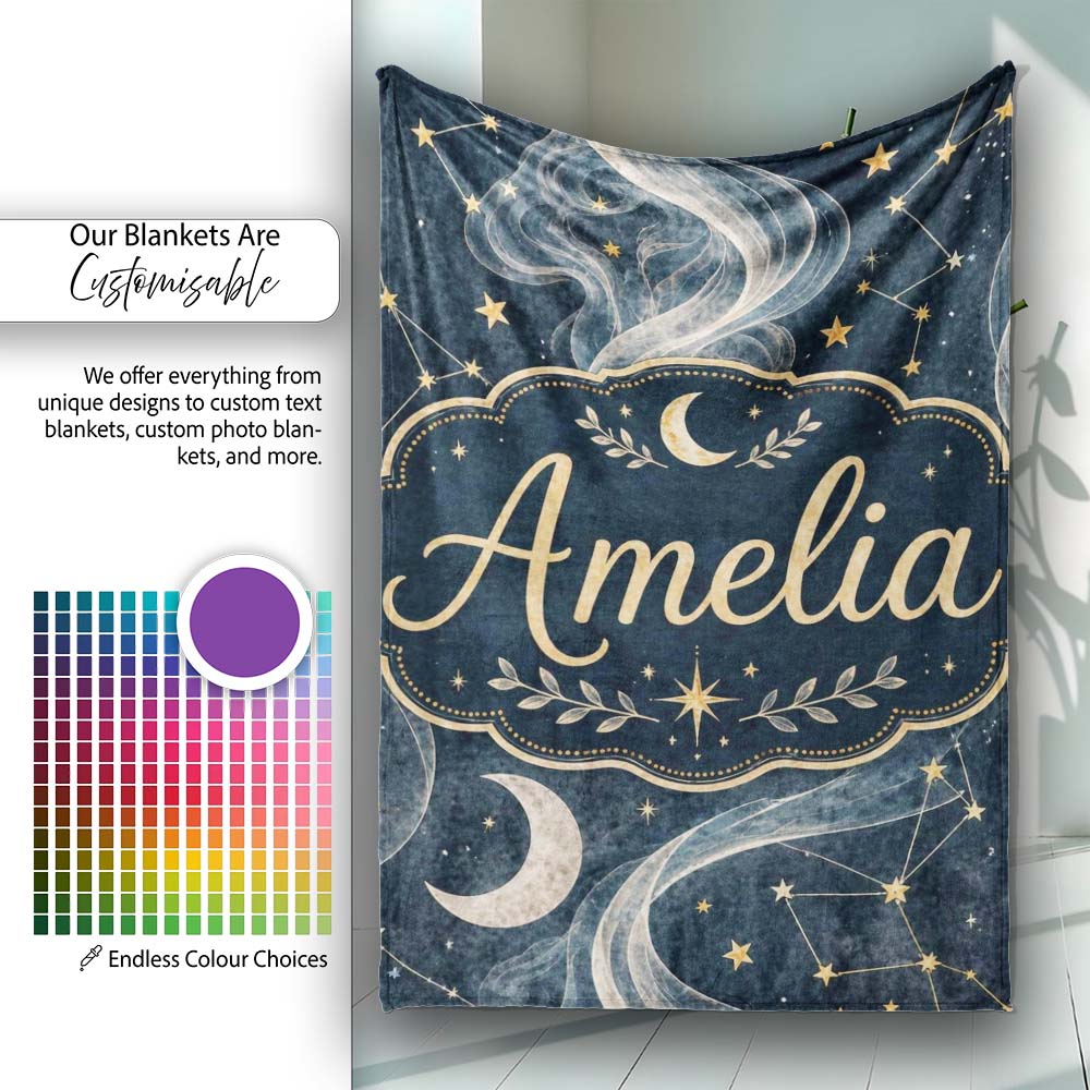 Celestial Botanical Moon Stars Night Sky Leaves Seamless Pattern Personalised Custom Name Super Soft Fleece Blanket Bed Sofa Throw
