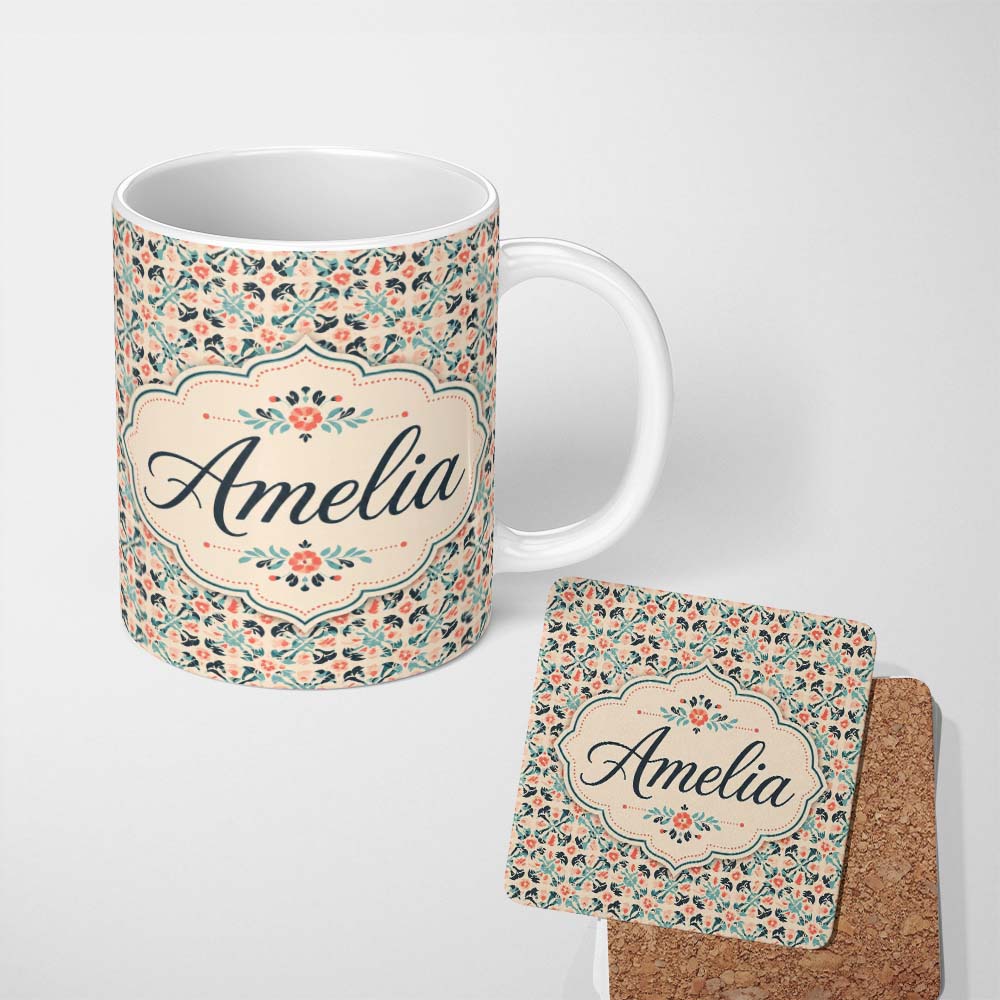 Personalized Custom Name Soft Pastel Abstract Floral Leaf Seamless Pattern Name Cute Unique 11oz Ceramic Coffee Tea Mug White Large Handle