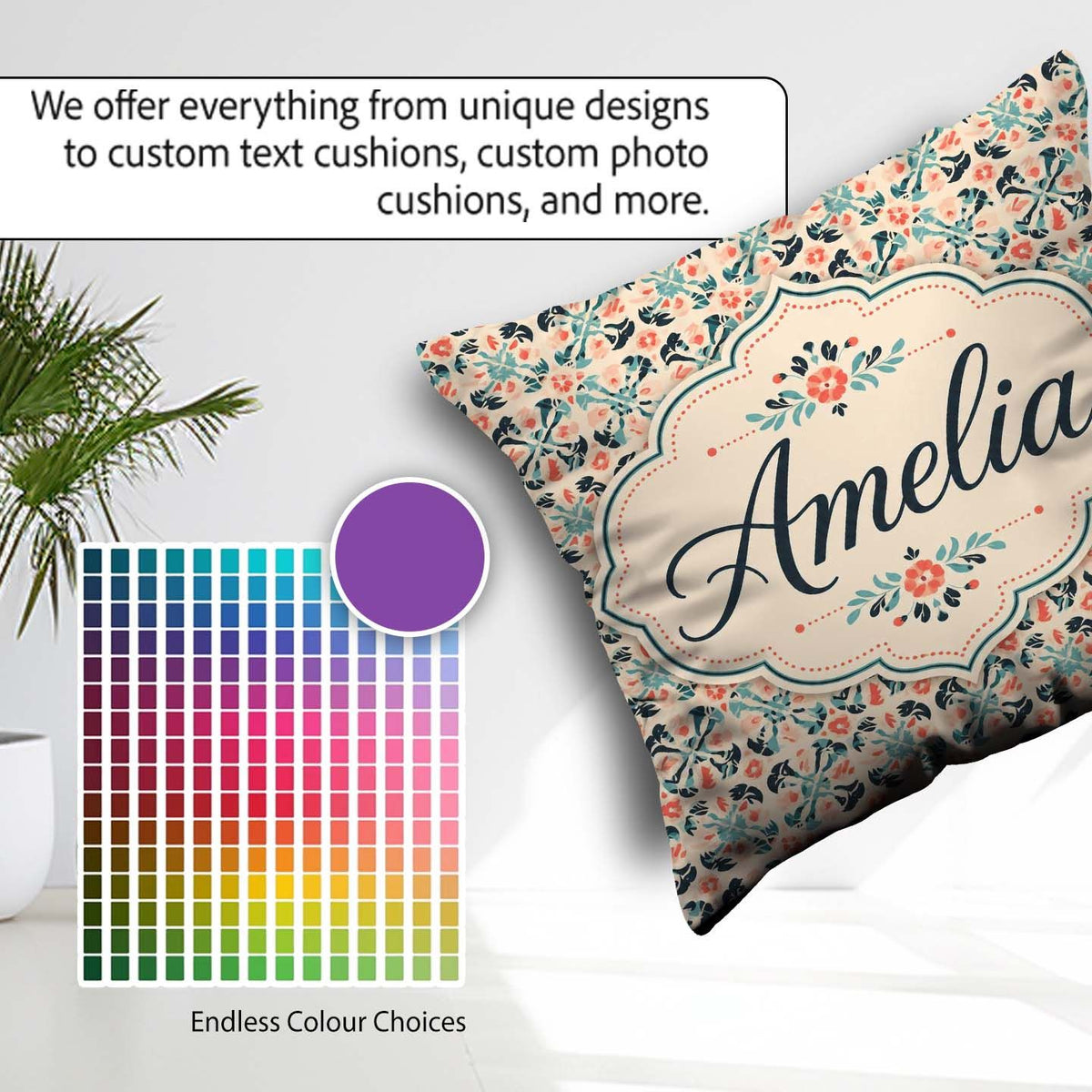 Custom Name Soft Pastel Abstract Leaf Seamless Pattern Name Cute Square Filled Cushion Throw Pillow Sofa Bed Home Decor Zip Washable UK Made