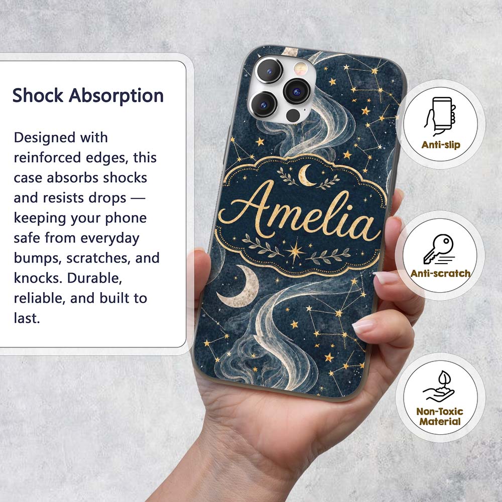 Celestial Botanical Moon Stars Night Sky Leaves Custom Name Protective Phone Case Mobile Cover Durable Everyday Smartphone Shock Resistant