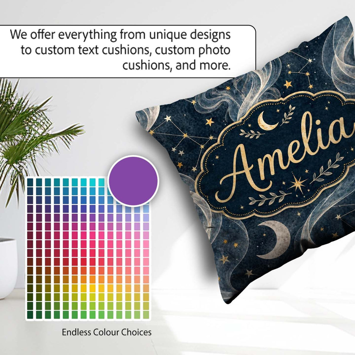 Custom Name Celestial Botanical Moon Stars Night Leaves Seamless Square Filled Cushion Throw Pillow Sofa Bed Home Decor Zip Washable UK Made