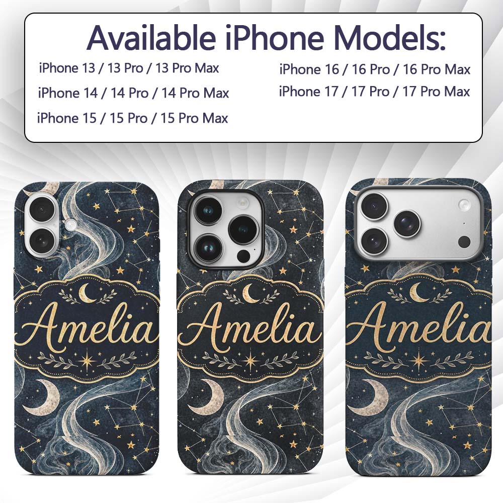 Celestial Botanical Moon Stars Night Sky Leaves Custom Name Protective Phone Case Mobile Cover Durable Everyday Smartphone Shock Resistant