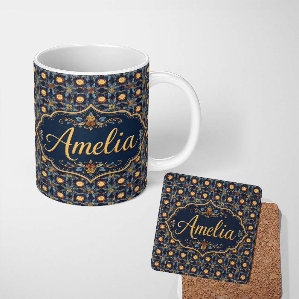 Personalized Custom Name Dark Navy Gold Botanical Floral Luxury Seamless Pattern Name Cute 11oz Ceramic Coffee Tea Mug White Large Handle