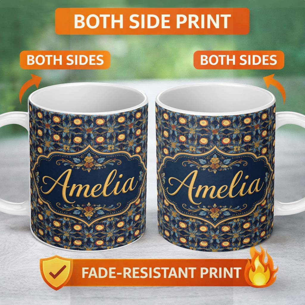 Personalized Custom Name Dark Navy Gold Botanical Floral Luxury Seamless Pattern Name Cute 11oz Ceramic Coffee Tea Mug White Large Handle