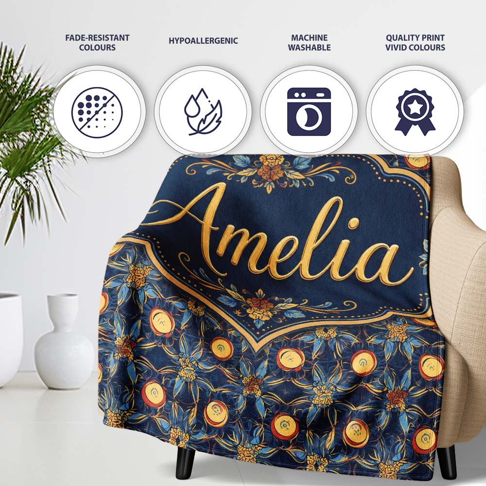 Dark Navy Gold Botanical Floral Luxury Seamless Pattern Name Cute Personalised Custom Name Super Soft Fleece Blanket Bed Sofa Throw