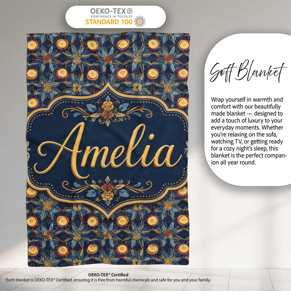 Dark Navy Gold Botanical Floral Luxury Seamless Pattern Name Cute Personalised Custom Name Super Soft Fleece Blanket Bed Sofa Throw