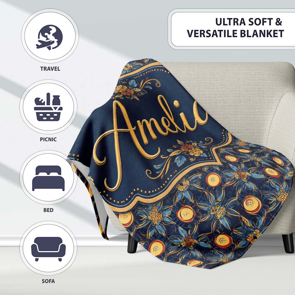 Dark Navy Gold Botanical Floral Luxury Seamless Pattern Name Cute Personalised Custom Name Super Soft Fleece Blanket Bed Sofa Throw