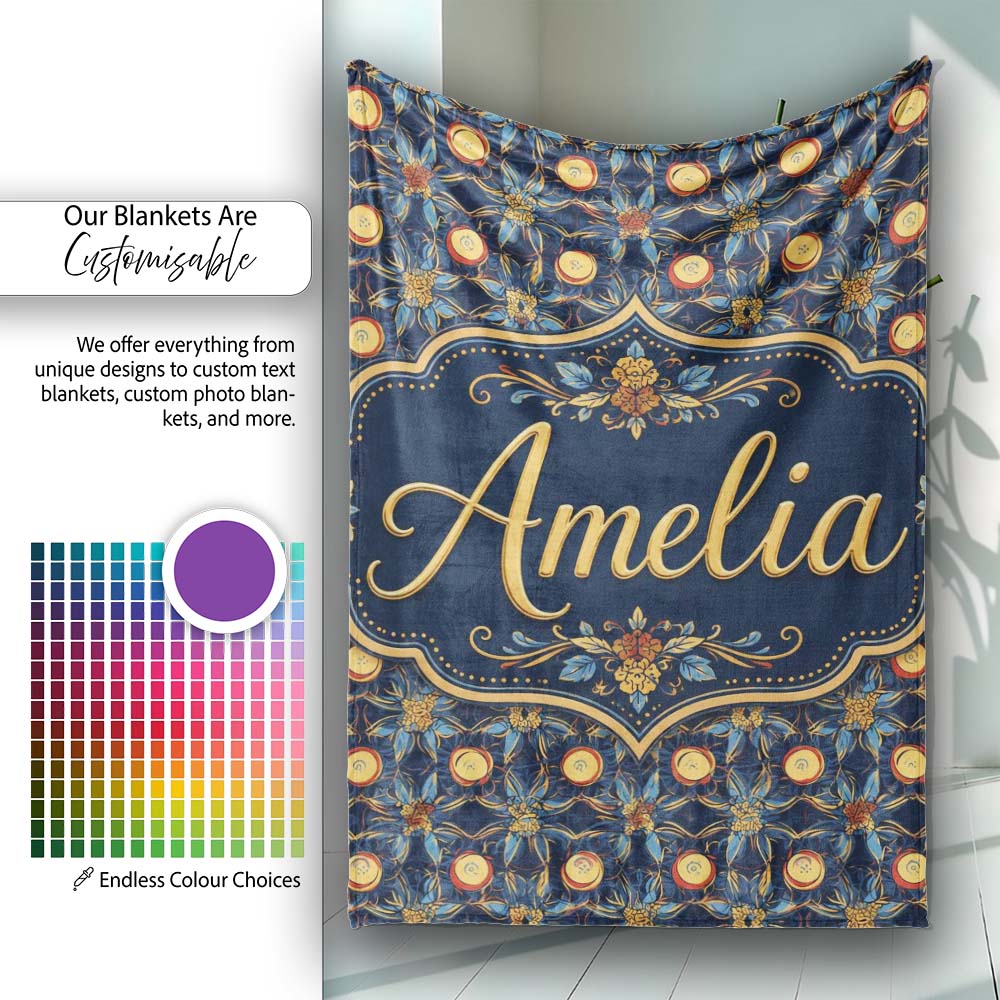 Dark Navy Gold Botanical Floral Luxury Seamless Pattern Name Cute Personalised Custom Name Super Soft Fleece Blanket Bed Sofa Throw