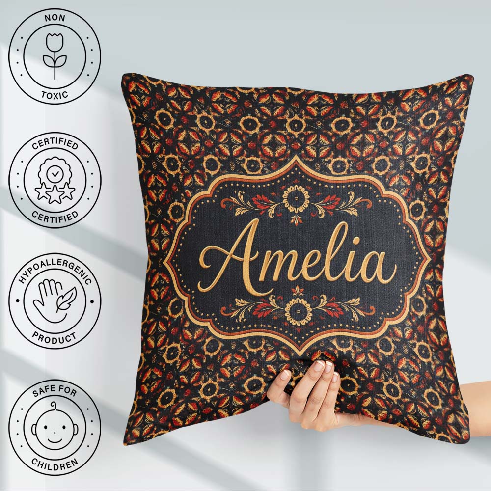 Custom Name Rich Red Black Ornamental Tile Seamless Pattern Name Square Filled Cushion Throw Pillow Sofa Bed Home Decor Zip Washable UK Made
