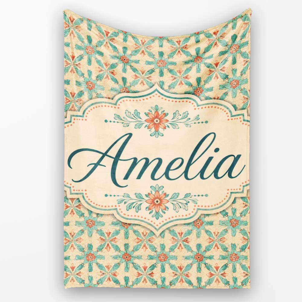 Elegant Teal Coral Symmetrical Floral Pattern Seamless Name Cute Personalised Custom Name Super Soft Fleece Blanket Bed Sofa Throw