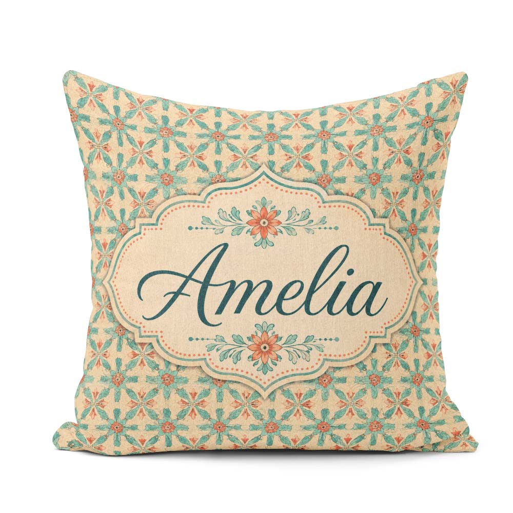 Custom Name Elegant Teal Coral Floral Pattern Seamless Name Cute Square Filled Cushion Throw Pillow Sofa Bed Home Decor Zip Washable UK Made
