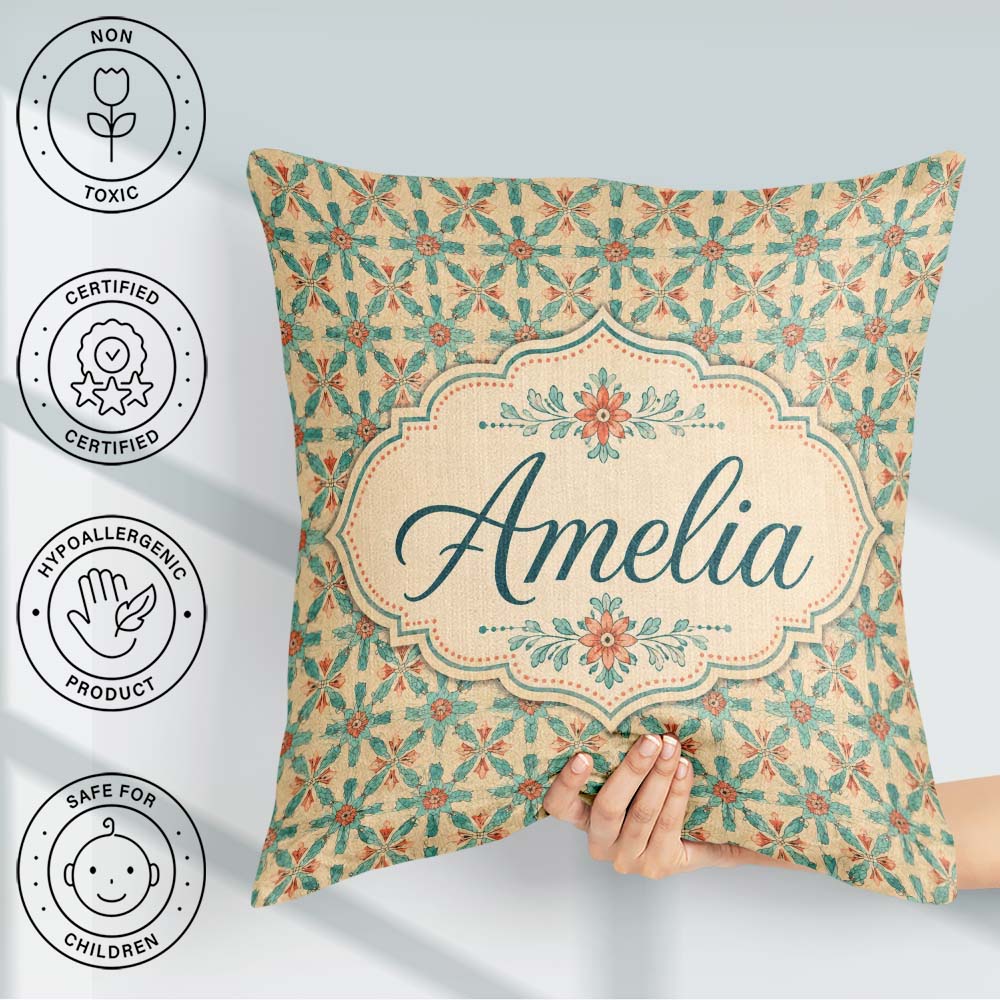 Custom Name Elegant Teal Coral Floral Pattern Seamless Name Cute Square Filled Cushion Throw Pillow Sofa Bed Home Decor Zip Washable UK Made