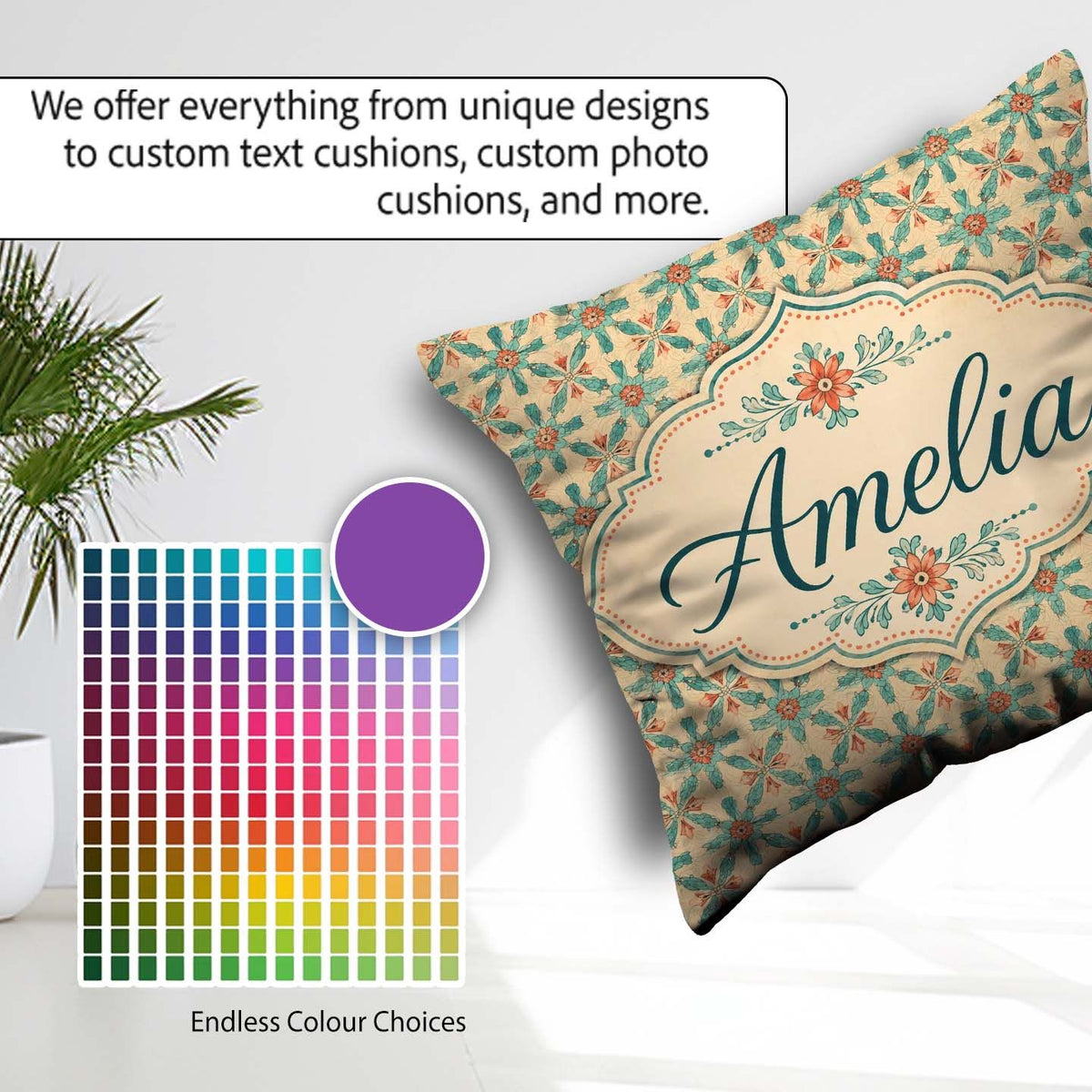 Custom Name Elegant Teal Coral Floral Pattern Seamless Name Cute Square Filled Cushion Throw Pillow Sofa Bed Home Decor Zip Washable UK Made