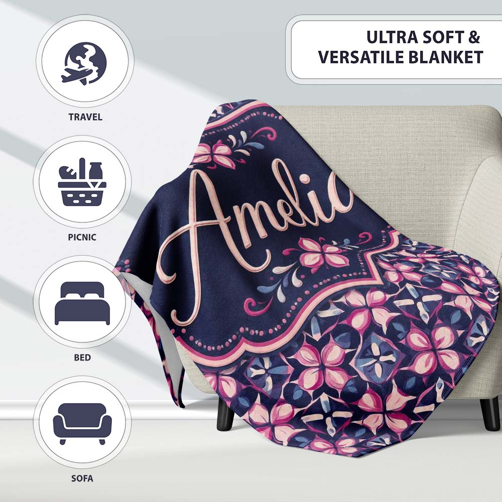 Geometric Pink Purple Floral Tile Seamless Pattern Name Cute Unique Personalised Custom Name Super Soft Fleece Blanket Bed Sofa Throw