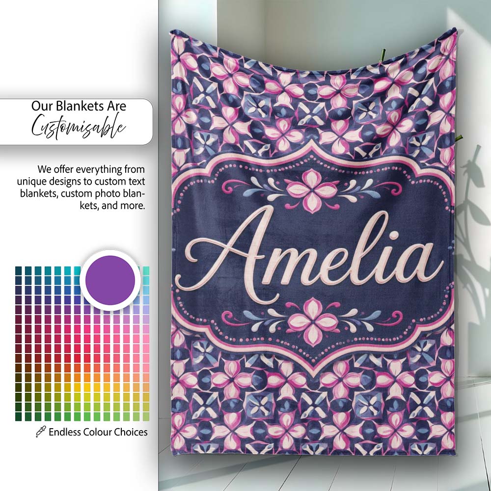 Geometric Pink Purple Floral Tile Seamless Pattern Name Cute Unique Personalised Custom Name Super Soft Fleece Blanket Bed Sofa Throw