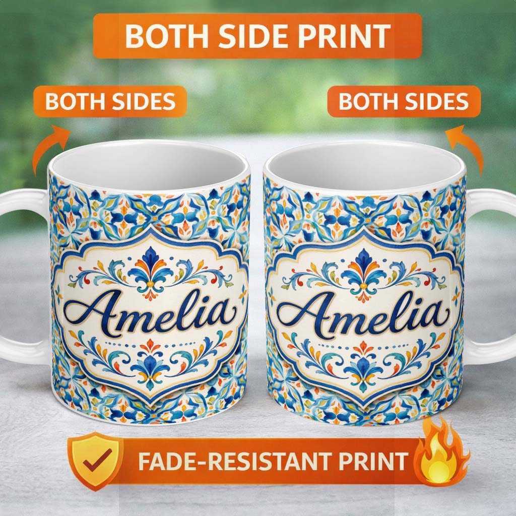 Personalized Custom Name Watercolor Mediterranean Tile Blue and Orange Floral Seamless Lovely 11oz Ceramic Coffee Tea Mug White Large Handle