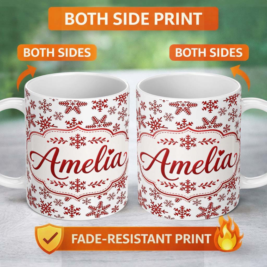 Personalized Custom Name Red Snowflake Winter Holiday Minimal Seamless Pattern Lovely 11oz Ceramic Coffee Tea Mug White Large Handle