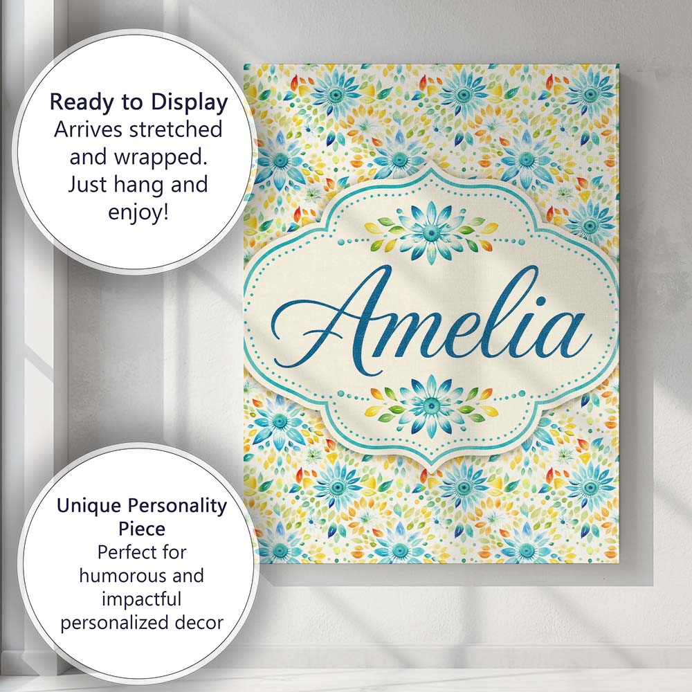 Personalised Name Bright Blue Yellow Custom Premium Decorative Design Modern Room Accent Canvas Wall Art Print Decor Picture Ready to Hang