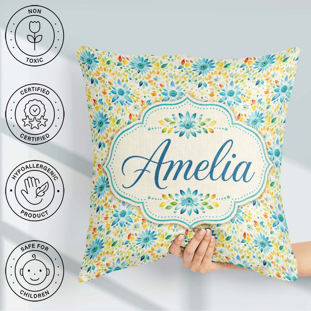 Custom Name Bright Blue Yellow Floral Seamless Pattern Name Cute Square Filled Cushion Throw Pillow Sofa Bed Home Decor Zip Washable UK Made