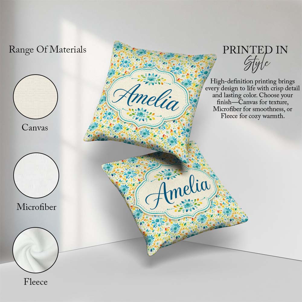 Custom Name Bright Blue Yellow Floral Seamless Pattern Name Cute Square Filled Cushion Throw Pillow Sofa Bed Home Decor Zip Washable UK Made