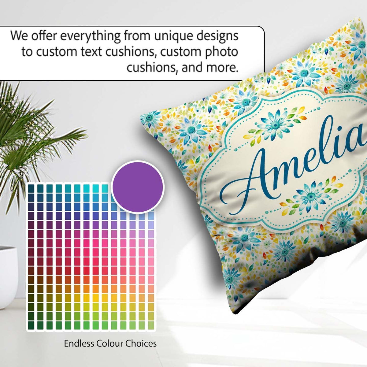 Custom Name Bright Blue Yellow Floral Seamless Pattern Name Cute Square Filled Cushion Throw Pillow Sofa Bed Home Decor Zip Washable UK Made