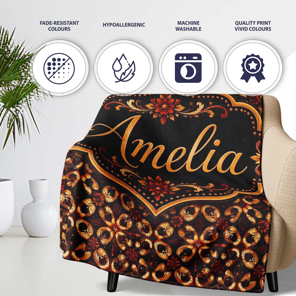 Dark Brown Gold Vintage Ornamental Floral Seamless Pattern Name Cute Personalised Custom Name Super Soft Fleece Blanket Bed Sofa Throw