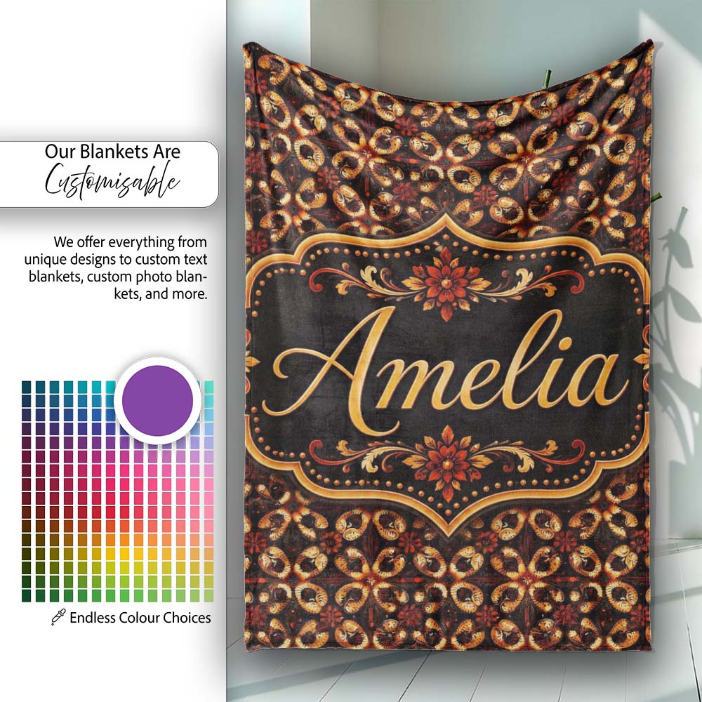 Dark Brown Gold Vintage Ornamental Floral Seamless Pattern Name Cute Personalised Custom Name Super Soft Fleece Blanket Bed Sofa Throw