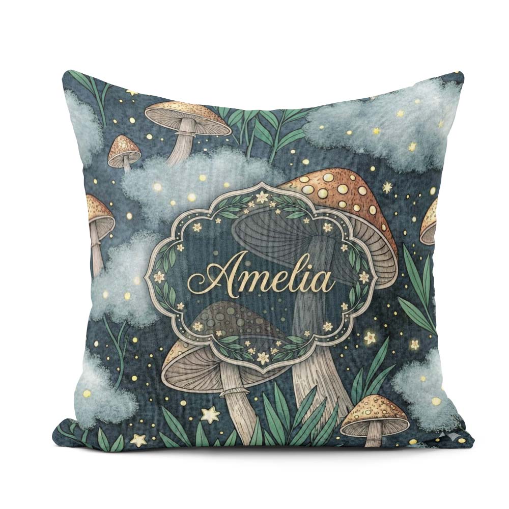 Custom Name Mushrooms Night Sky Magical Forest Seamless Pattern Square Filled Cushion Throw Pillow Sofa Bed Home Decor Zip Washable UK Made