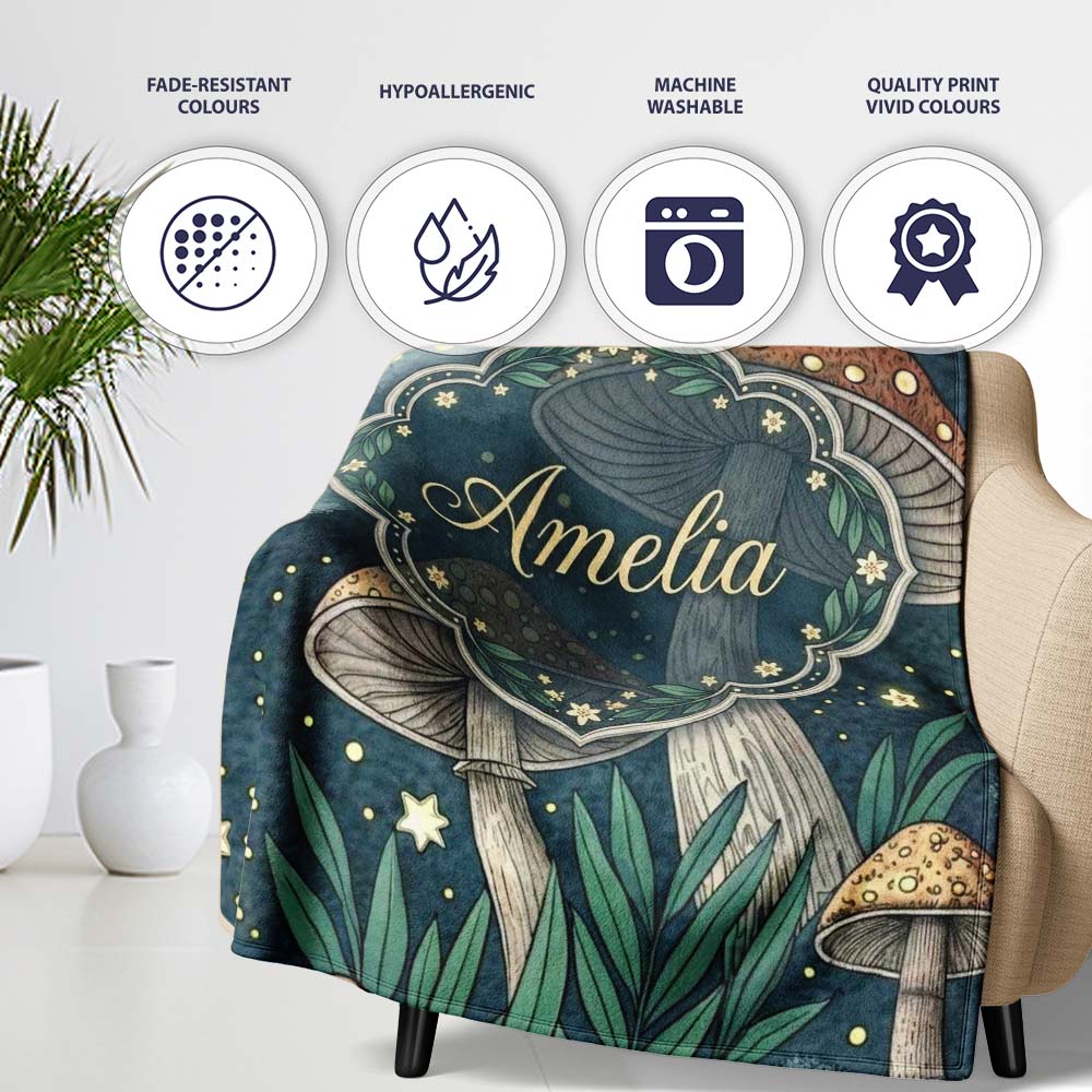 Mushrooms Night Sky Magical Forest Seamless Pattern Cute Unique Gift Personalised Custom Name Super Soft Fleece Blanket Bed Sofa Throw