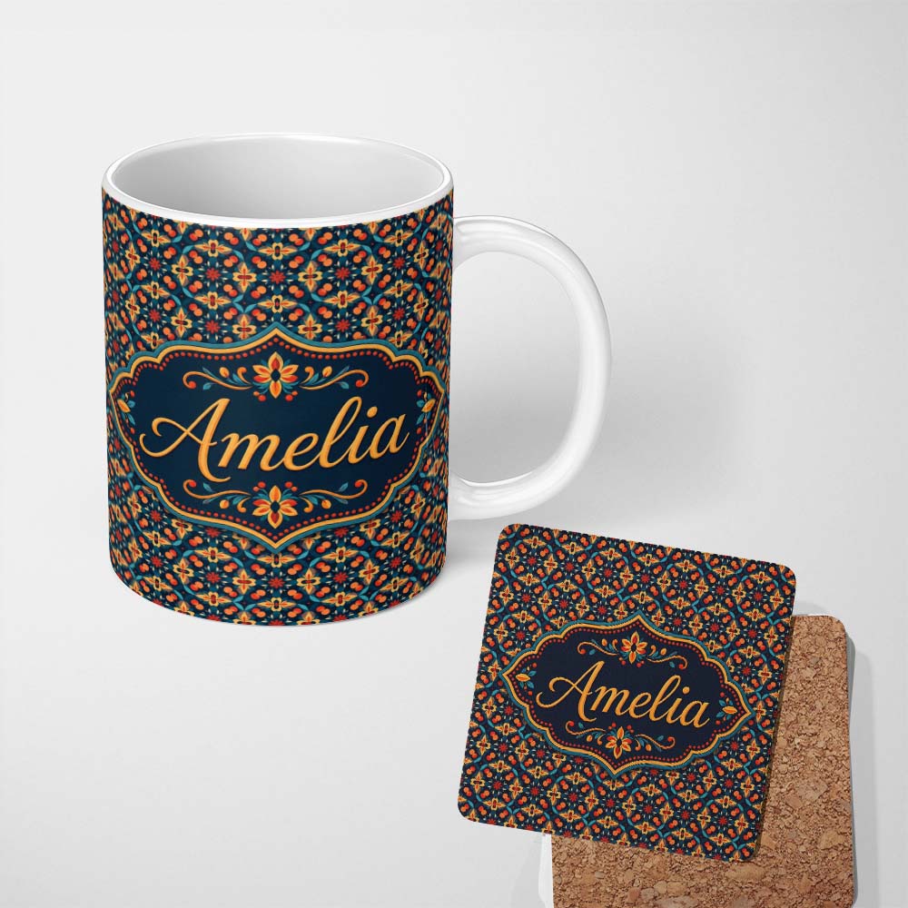 Personalized Custom Name Geometric Floral Pattern with Orange Teal and Gold Symmetry Name 11oz Ceramic Coffee Tea Mug White Large Handle
