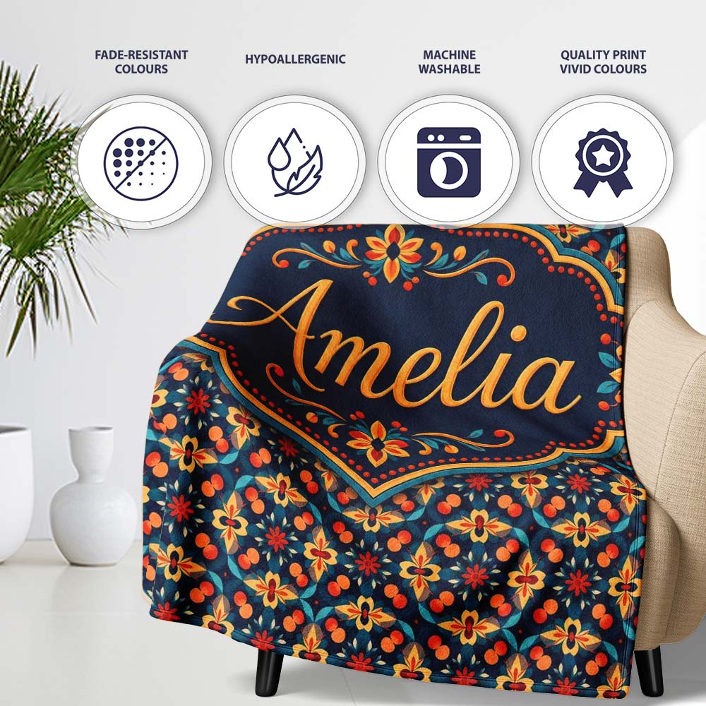 Geometric Floral Pattern with Orange Teal and Gold Symmetry Name Personalised Custom Name Super Soft Fleece Blanket Bed Sofa Throw