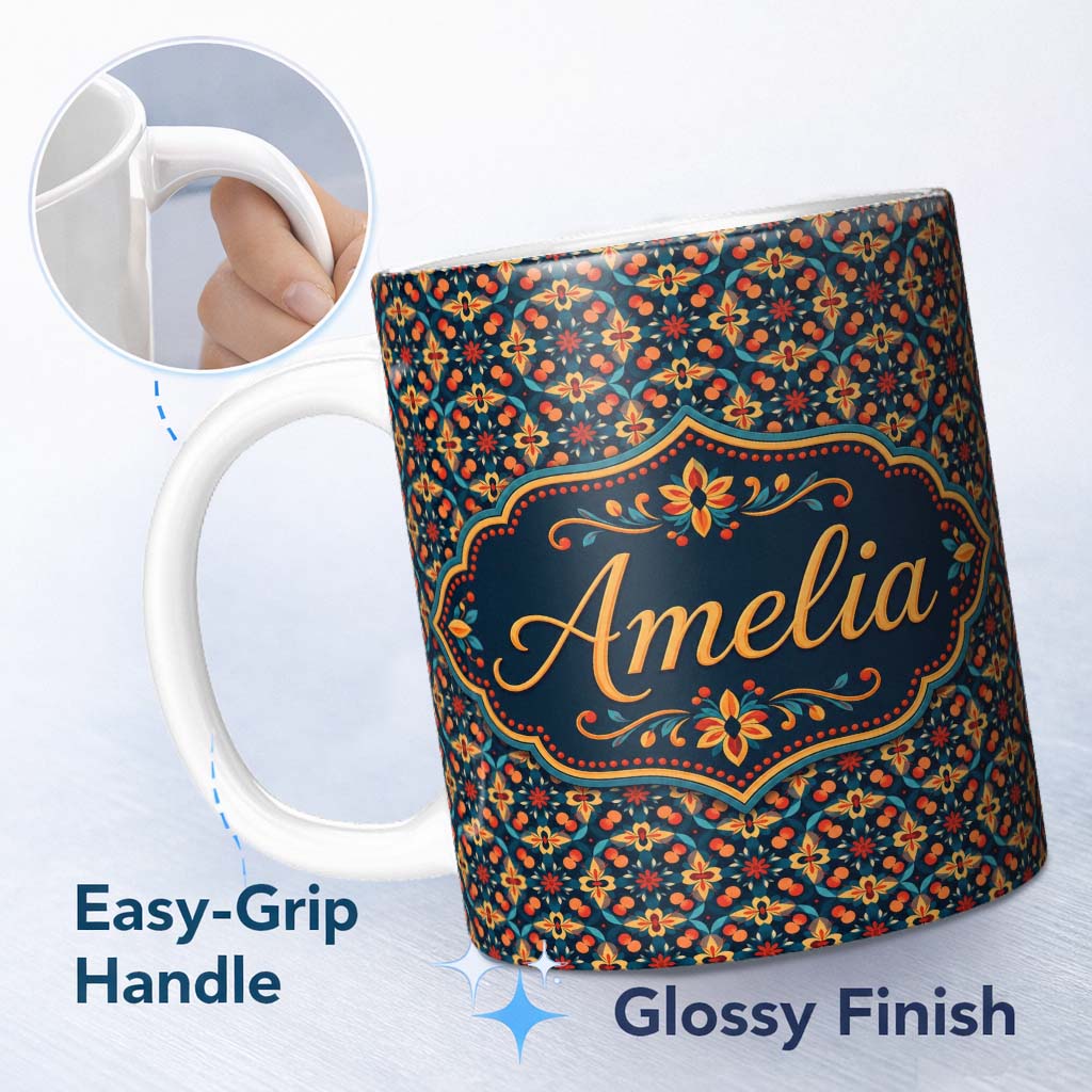 Personalized Custom Name Geometric Floral Pattern with Orange Teal and Gold Symmetry Name 11oz Ceramic Coffee Tea Mug White Large Handle