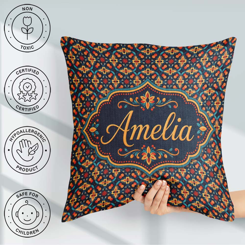 Custom Name Geometric Floral Pattern with Teal and Gold Symmetry Square Filled Cushion Throw Pillow Sofa Bed Home Decor Zip Washable UK Made