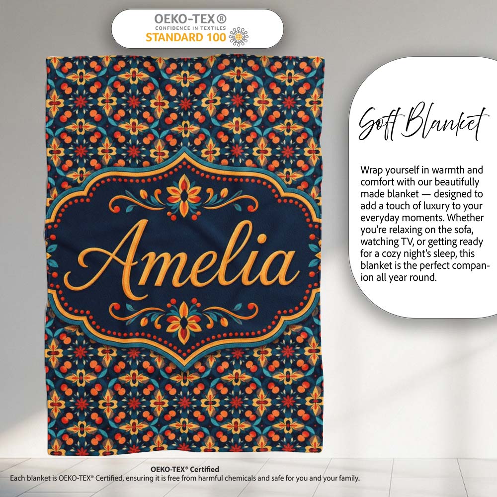 Geometric Floral Pattern with Orange Teal and Gold Symmetry Name Personalised Custom Name Super Soft Fleece Blanket Bed Sofa Throw