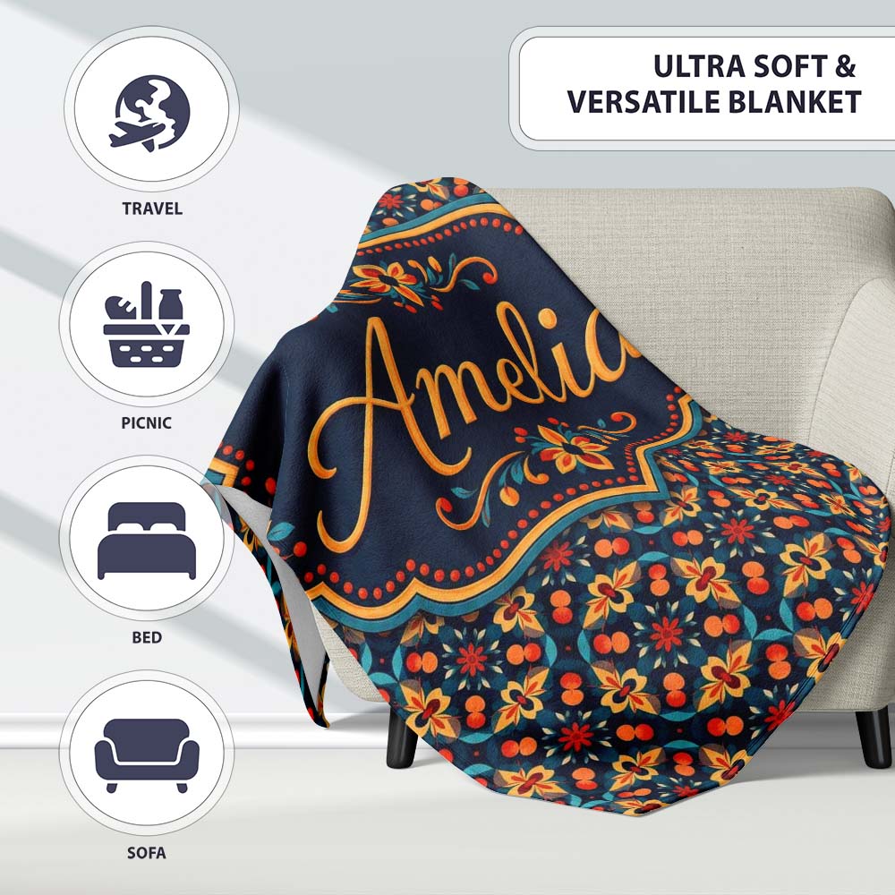 Geometric Floral Pattern with Orange Teal and Gold Symmetry Name Personalised Custom Name Super Soft Fleece Blanket Bed Sofa Throw