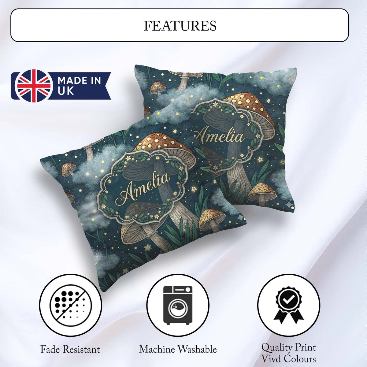 Custom Name Mushrooms Night Sky Magical Forest Seamless Pattern Square Filled Cushion Throw Pillow Sofa Bed Home Decor Zip Washable UK Made