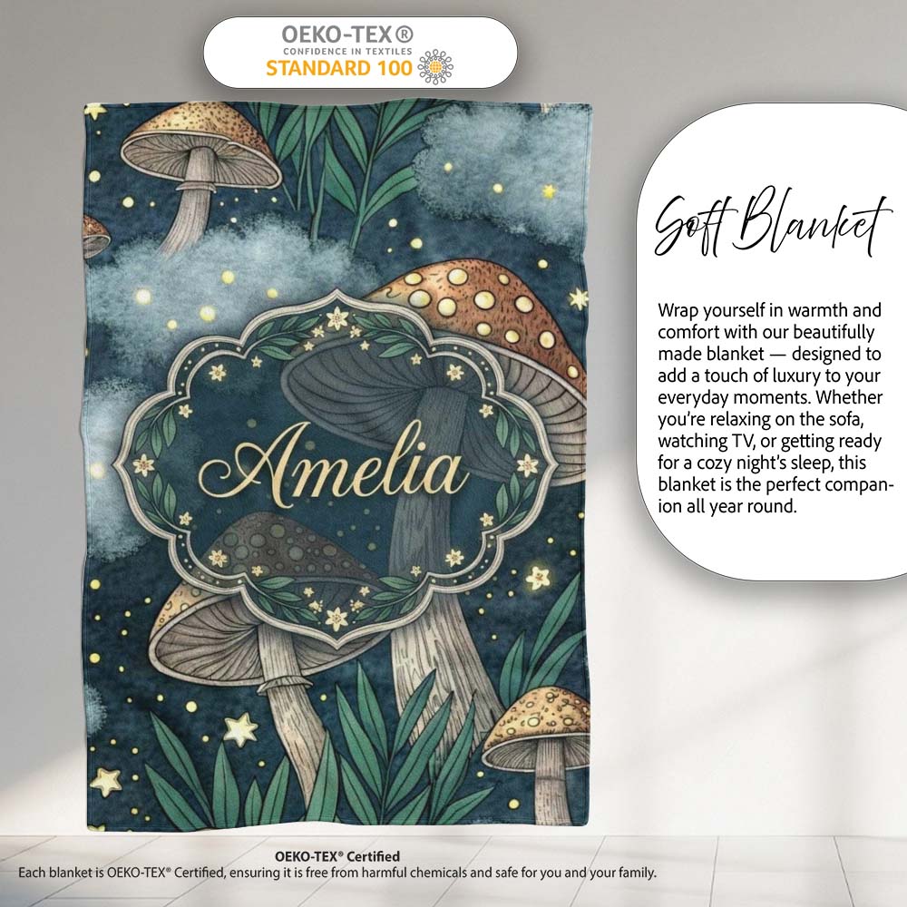 Mushrooms Night Sky Magical Forest Seamless Pattern Cute Unique Gift Personalised Custom Name Super Soft Fleece Blanket Bed Sofa Throw