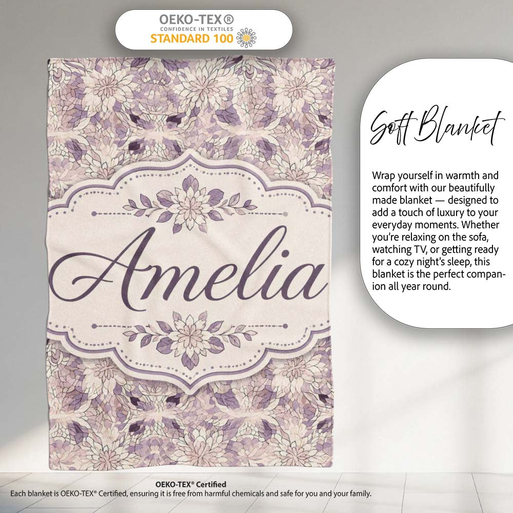 Soft Vintage Floral Lace Pattern in Beige and Lavender Tones Personalised Custom Name Super Soft Fleece Blanket Bed Sofa Throw