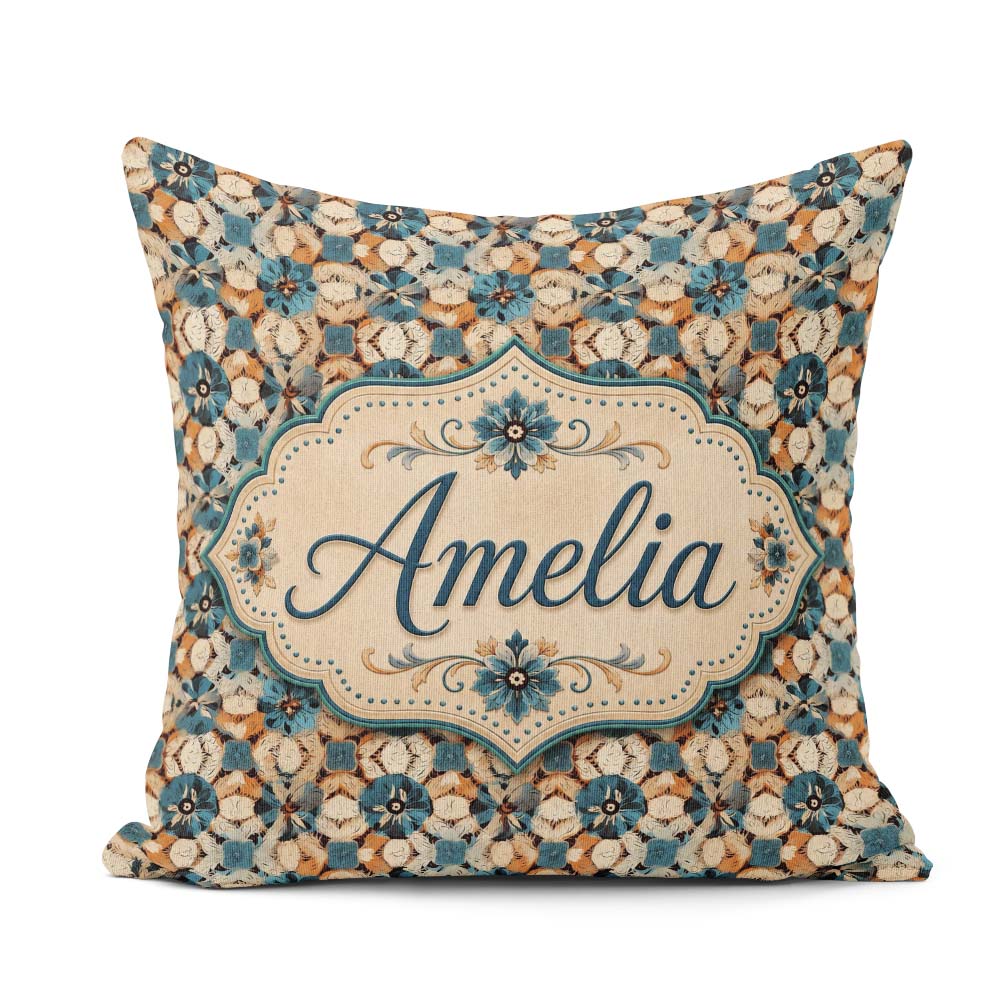Custom Name Rustic Floral Pattern with Blue Cream and Warm Earth Square Filled Cushion Throw Pillow Sofa Bed Home Decor Zip Washable UK Made