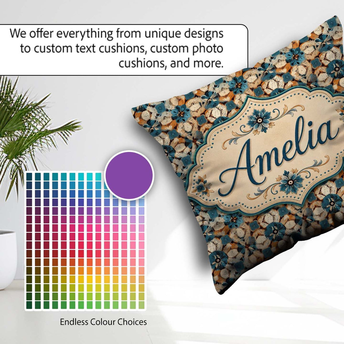 Custom Name Rustic Floral Pattern with Blue Cream and Warm Earth Square Filled Cushion Throw Pillow Sofa Bed Home Decor Zip Washable UK Made