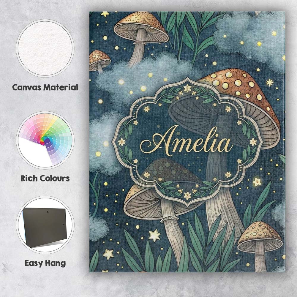 Personalised Name Mushrooms Night Sky Magical Forest Seamless Custom Contemporary Display Canvas Wall Art Print Decor Picture Ready to Hang