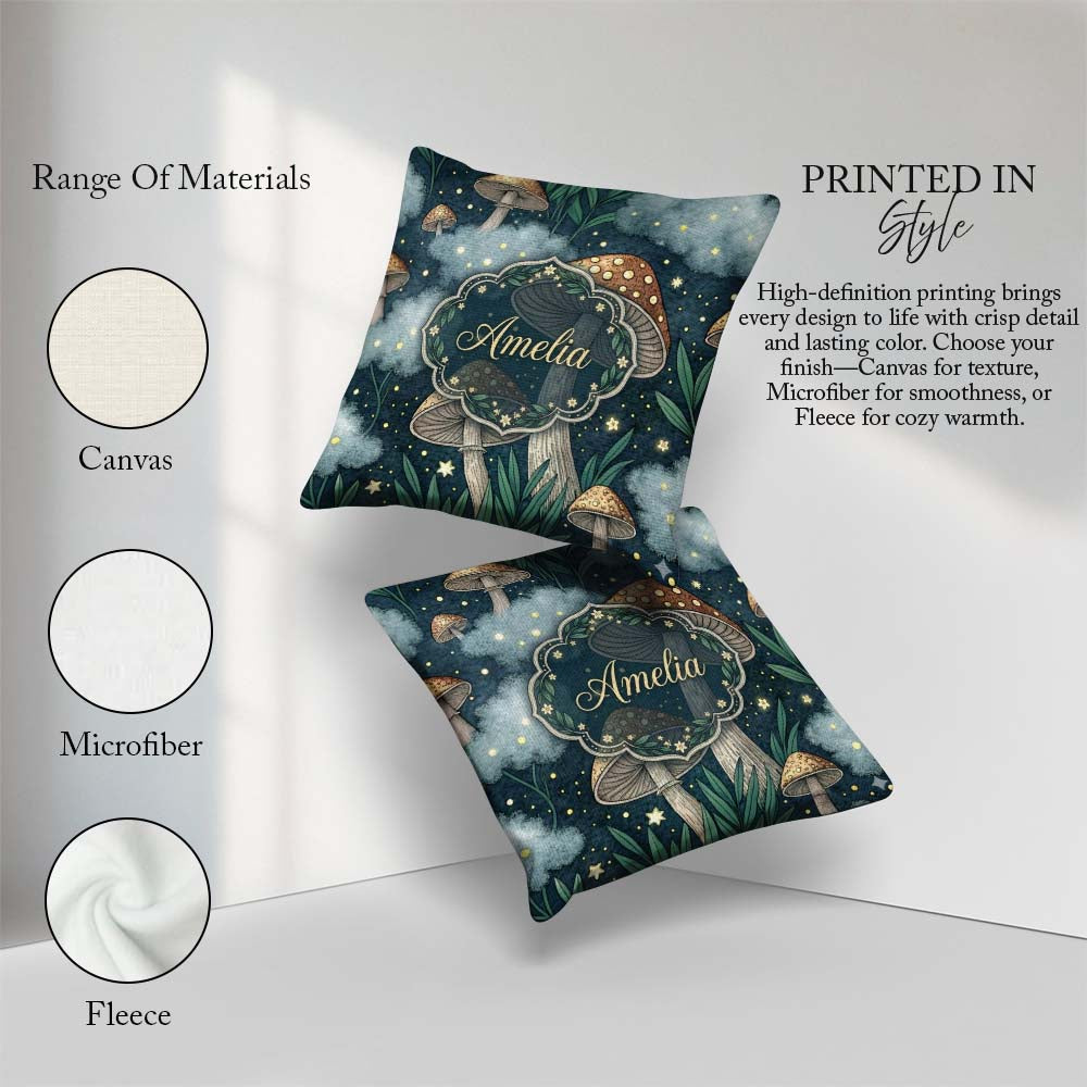Custom Name Mushrooms Night Sky Magical Forest Seamless Pattern Square Filled Cushion Throw Pillow Sofa Bed Home Decor Zip Washable UK Made