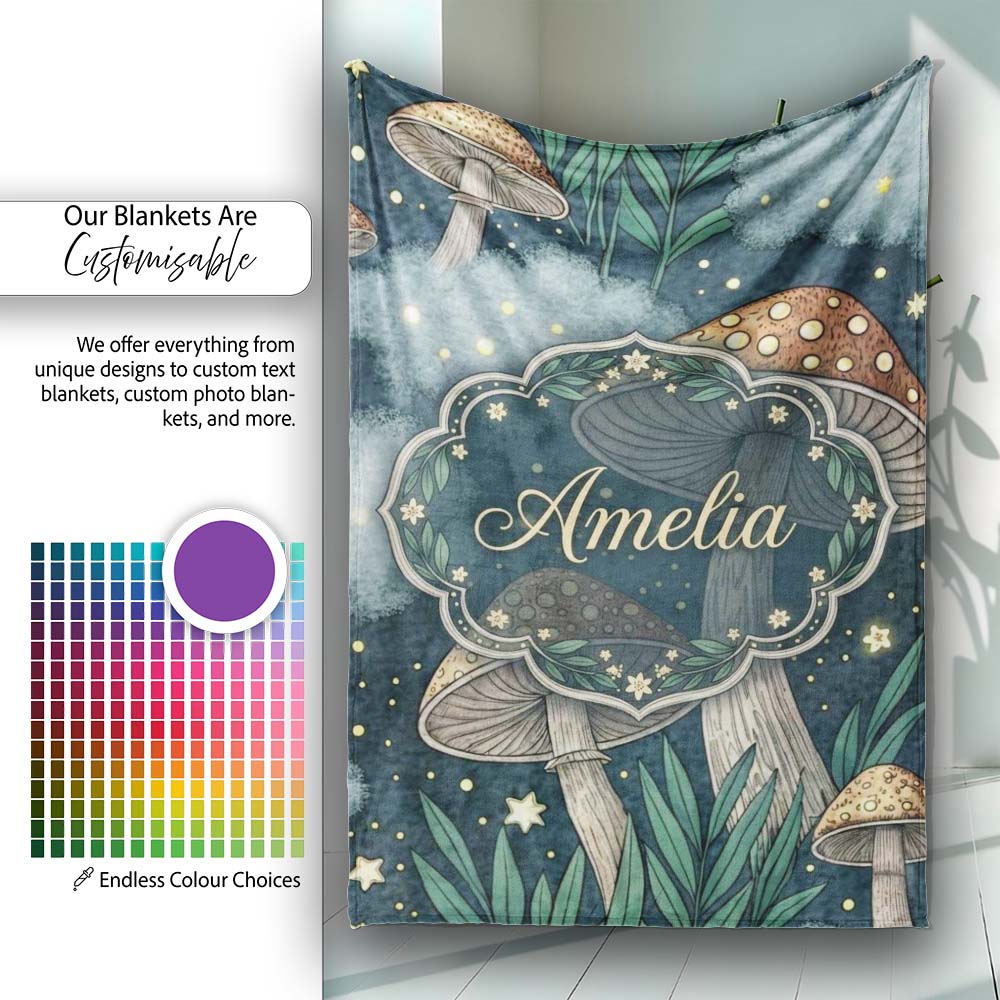 Mushrooms Night Sky Magical Forest Seamless Pattern Cute Unique Gift Personalised Custom Name Super Soft Fleece Blanket Bed Sofa Throw